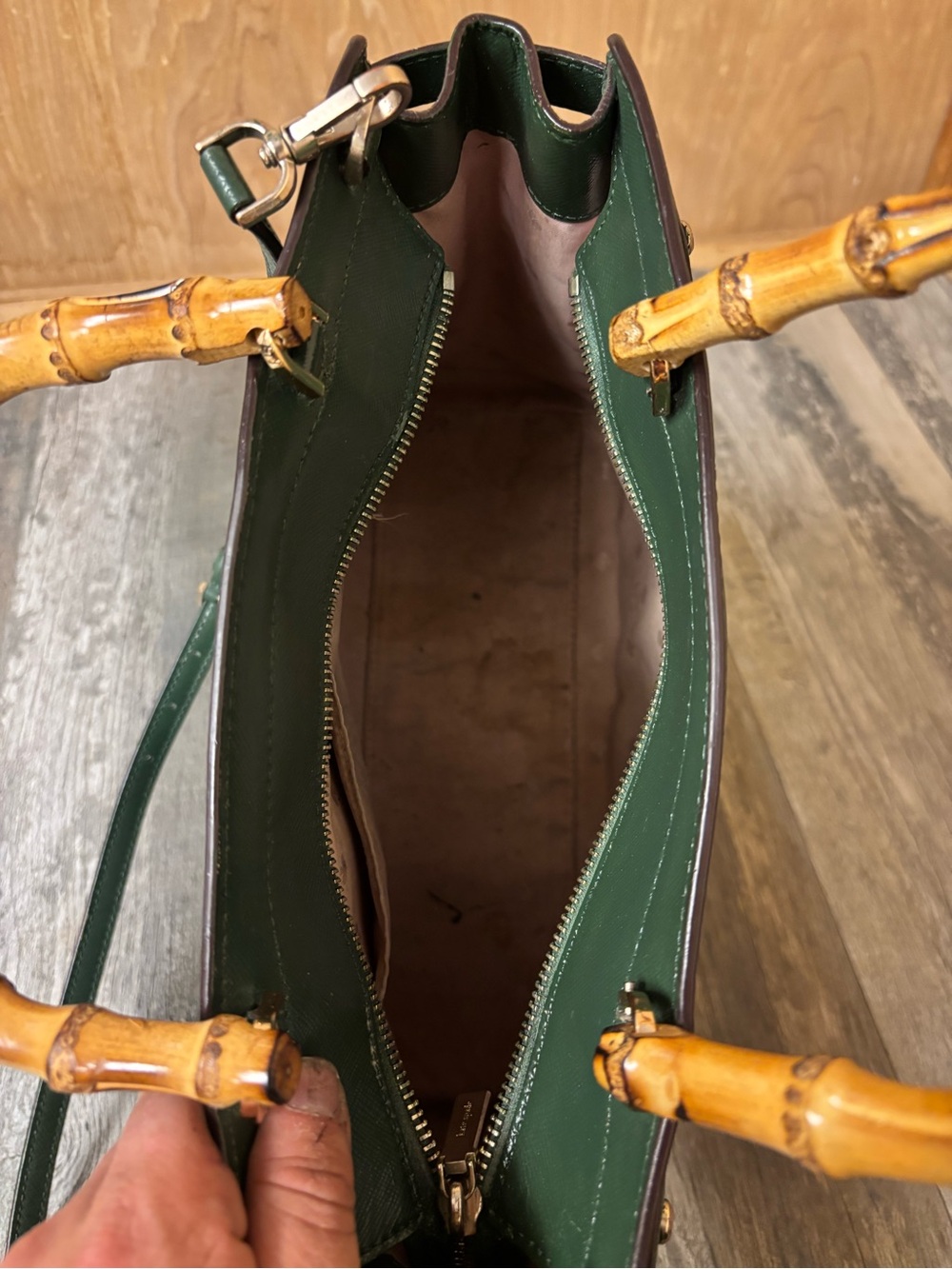 Kate Spade Custom- Hand Painted Dark Green Large Satchel w/ Bamboo Handles - Picture 7 of 9